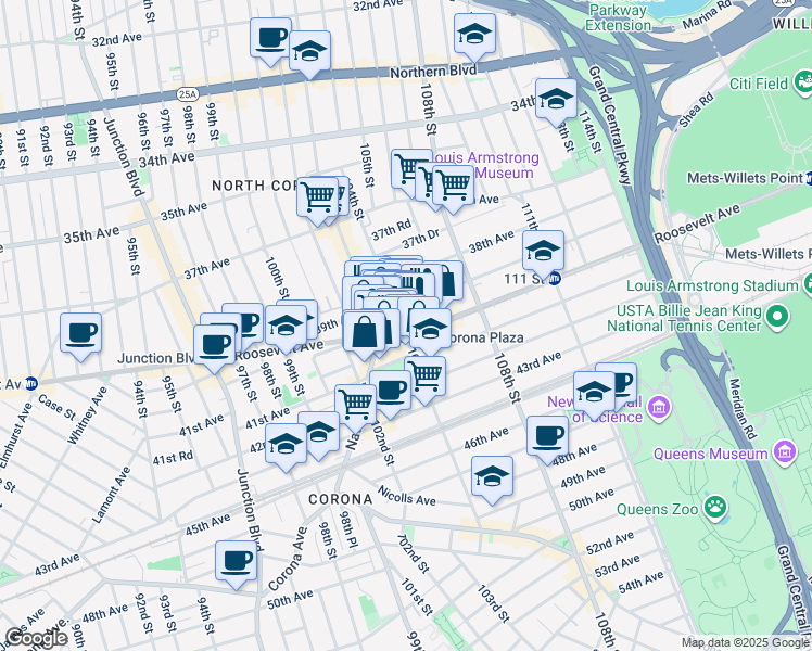 map of restaurants, bars, coffee shops, grocery stores, and more near 104-12 39th Avenue in Queens