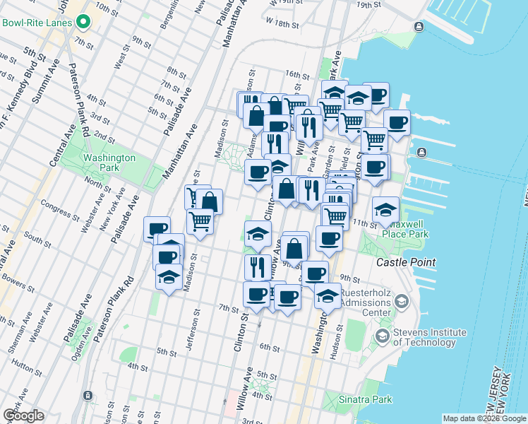 map of restaurants, bars, coffee shops, grocery stores, and more near 1035 Grand Street in Hoboken