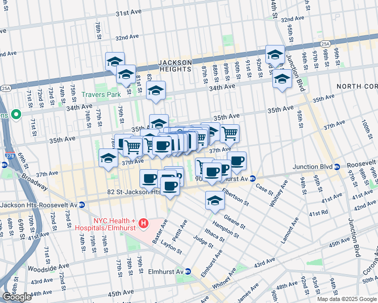 map of restaurants, bars, coffee shops, grocery stores, and more near 35-59 84th Street in Queens