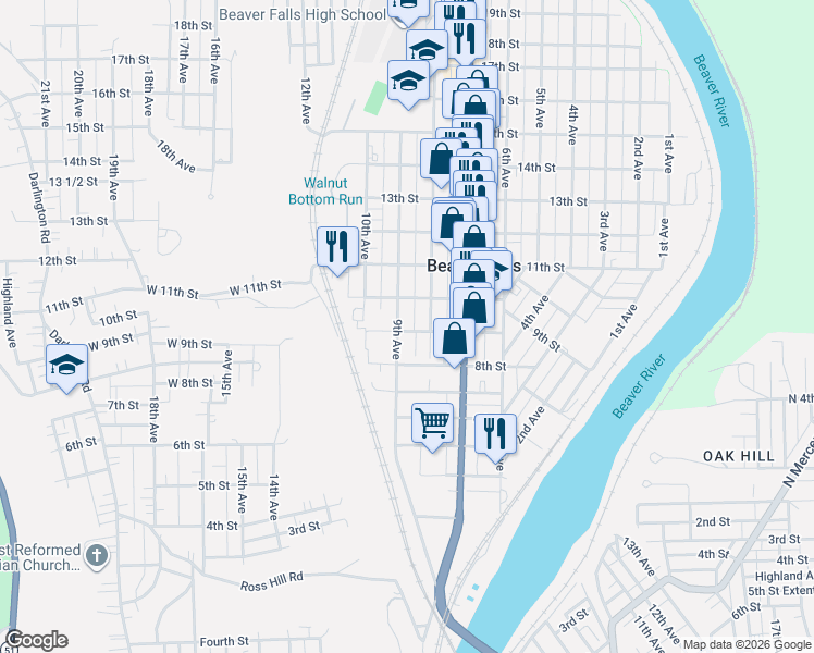 map of restaurants, bars, coffee shops, grocery stores, and more near 914 9th Avenue in Beaver Falls