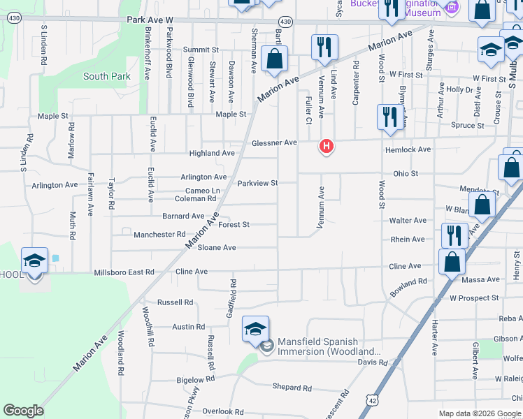map of restaurants, bars, coffee shops, grocery stores, and more near 455 Woodward Avenue in Mansfield