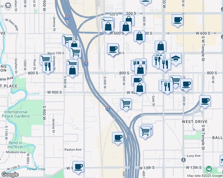 map of restaurants, bars, coffee shops, grocery stores, and more near 575 West 800 South in Salt Lake City