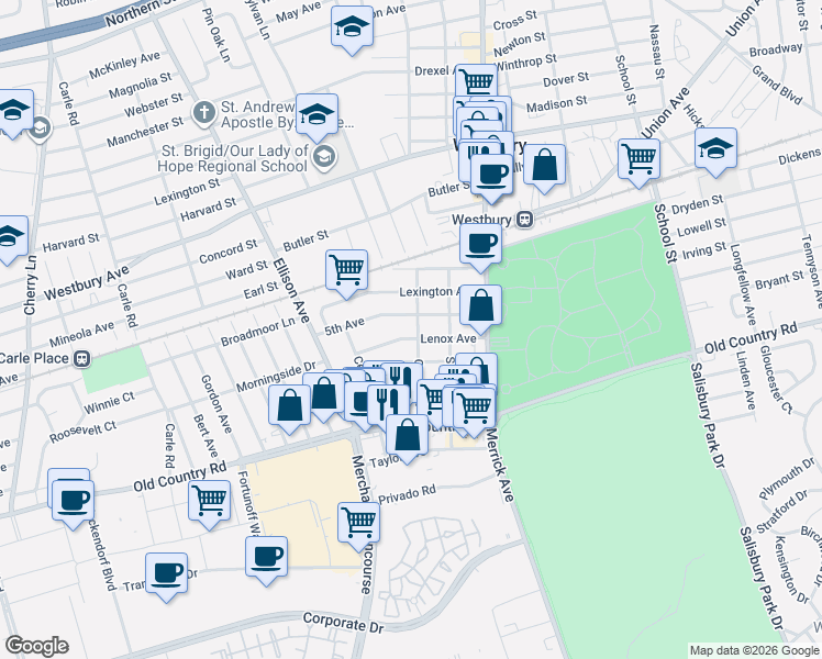 map of restaurants, bars, coffee shops, grocery stores, and more near 80 5th Avenue in Westbury