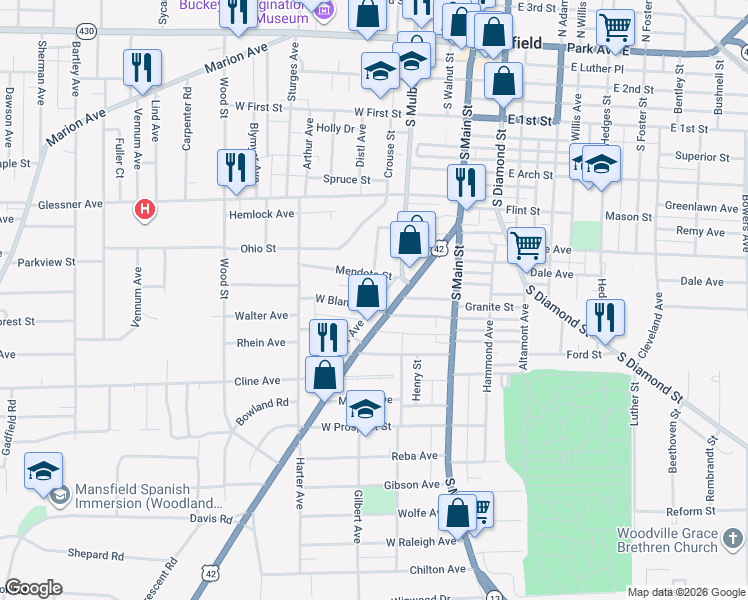 map of restaurants, bars, coffee shops, grocery stores, and more near 87 Mendota Street in Mansfield