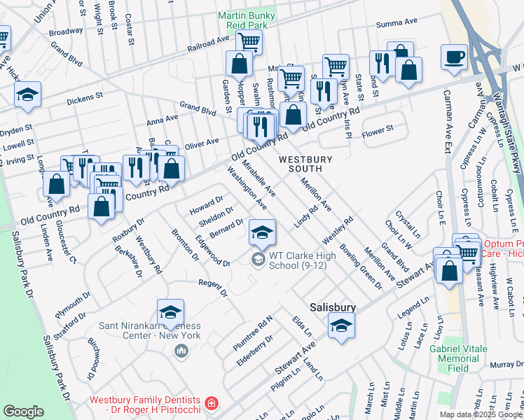 map of restaurants, bars, coffee shops, grocery stores, and more near 1035 Washington Avenue in Westbury