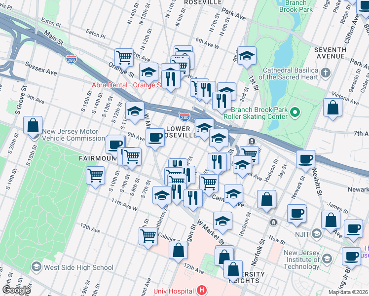 map of restaurants, bars, coffee shops, grocery stores, and more near 63 North 6th Street in Newark