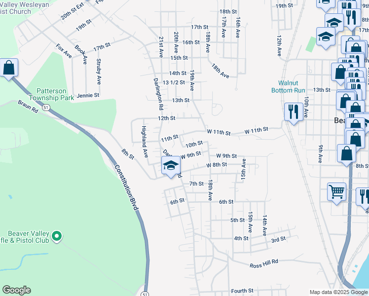 map of restaurants, bars, coffee shops, grocery stores, and more near 1824 10th Street in Beaver Falls
