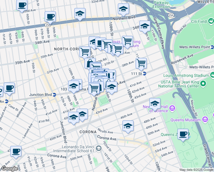 map of restaurants, bars, coffee shops, grocery stores, and more near 104-12 39th Avenue in Queens