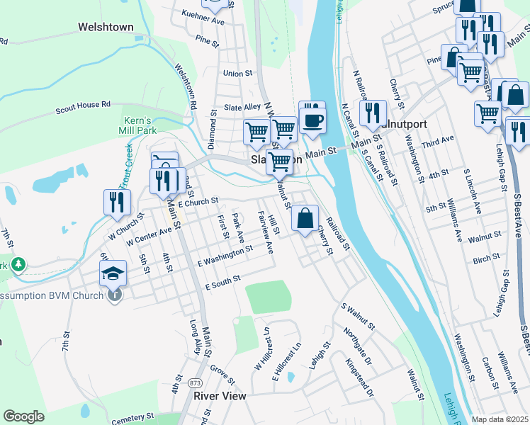 map of restaurants, bars, coffee shops, grocery stores, and more near 122 Hill Street in Slatington