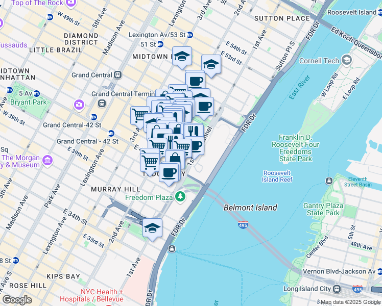 map of restaurants, bars, coffee shops, grocery stores, and more near 346 East 44th Street in New York