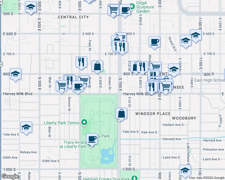 map of restaurants, bars, coffee shops, grocery stores, and more near 856 South 700 East in Salt Lake City
