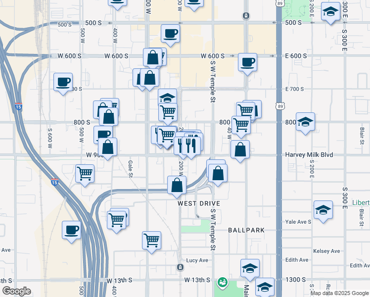 map of restaurants, bars, coffee shops, grocery stores, and more near 854 200 West in Salt Lake City