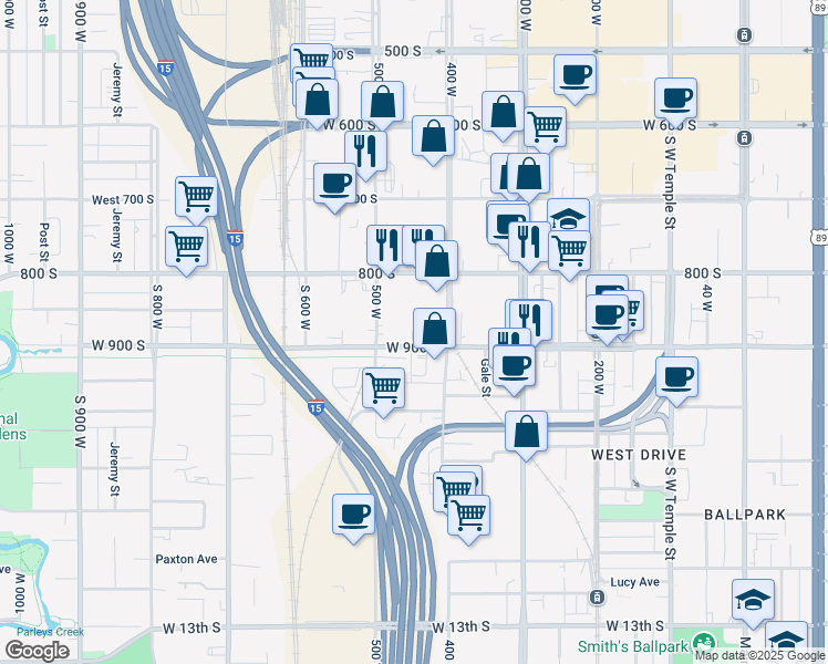 map of restaurants, bars, coffee shops, grocery stores, and more near 855 500 West in Salt Lake City