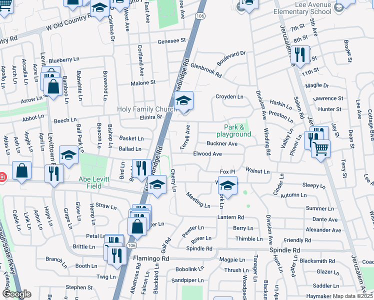 map of restaurants, bars, coffee shops, grocery stores, and more near 3 Stanford Lane in Hicksville