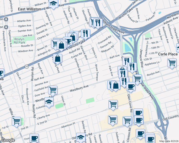 map of restaurants, bars, coffee shops, grocery stores, and more near 243 Jerome Avenue in Mineola