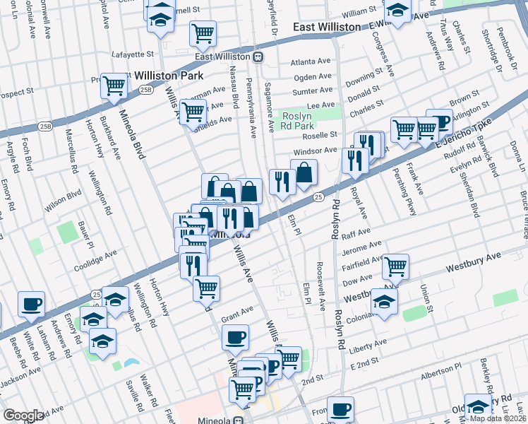 map of restaurants, bars, coffee shops, grocery stores, and more near 298 Nassau Boulevard in Mineola