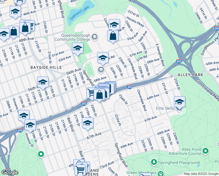 map of restaurants, bars, coffee shops, grocery stores, and more near 221-64 59th Avenue in Queens