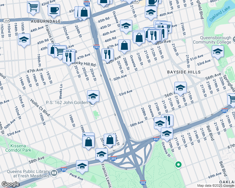 map of restaurants, bars, coffee shops, grocery stores, and more near 50-44 206th Street in Queens