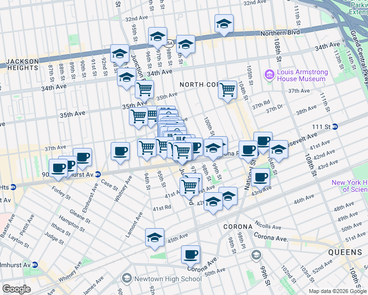 map of restaurants, bars, coffee shops, grocery stores, and more near 37-51 97th Street in Queens