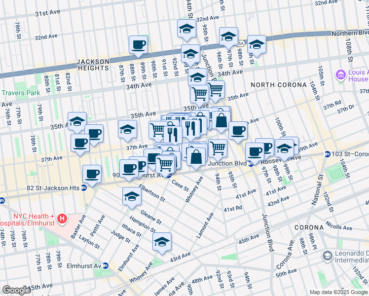 map of restaurants, bars, coffee shops, grocery stores, and more near 37-3 92nd Street in Queens