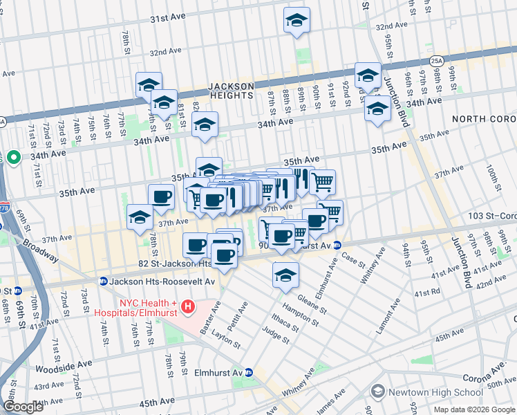 map of restaurants, bars, coffee shops, grocery stores, and more near 85-15 37th Avenue in Queens
