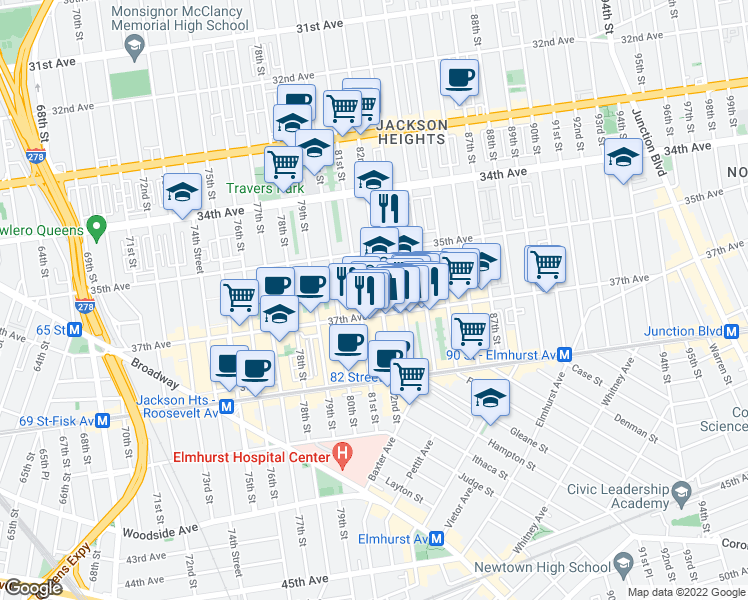 map of restaurants, bars, coffee shops, grocery stores, and more near 8301 37th Avenue in Queens