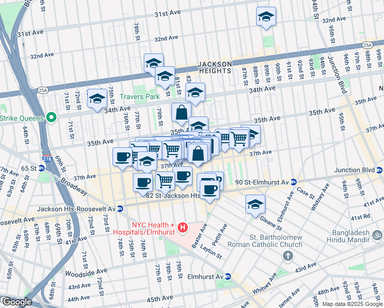 map of restaurants, bars, coffee shops, grocery stores, and more near 3550 81st Street in Queens