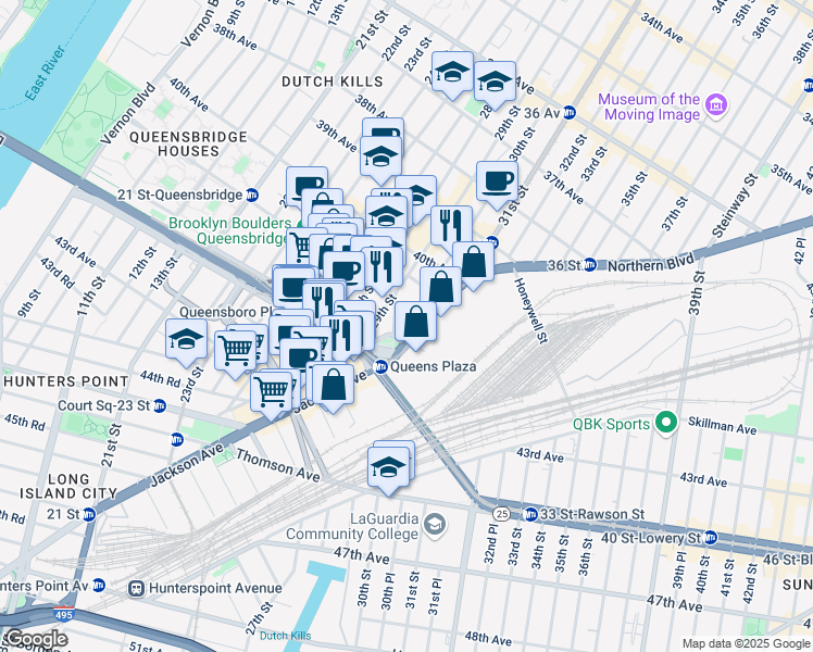 map of restaurants, bars, coffee shops, grocery stores, and more near 29-37 41st Avenue in Queens
