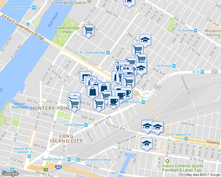 map of restaurants, bars, coffee shops, grocery stores, and more near 23-01 42nd Road in Queens