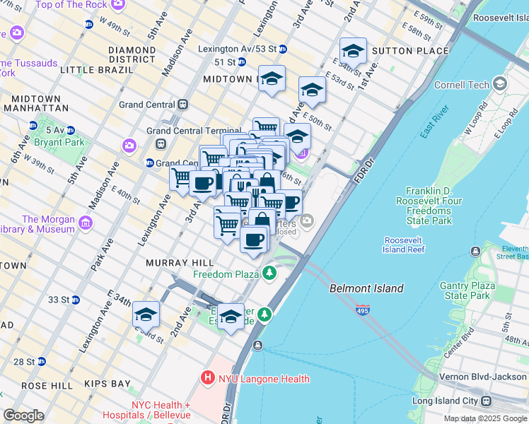 map of restaurants, bars, coffee shops, grocery stores, and more near 303 East 43rd Street in New York