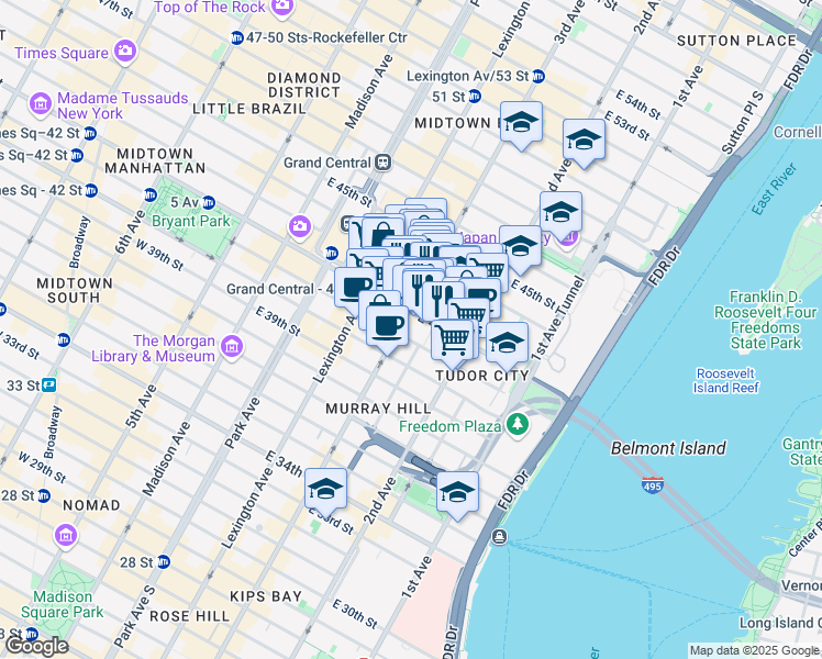 map of restaurants, bars, coffee shops, grocery stores, and more near 150 East 42nd Street in New York
