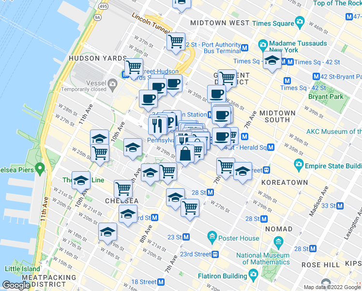map of restaurants, bars, coffee shops, grocery stores, and more near 341 West 30th Street in New York