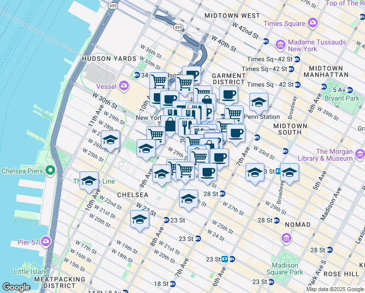 map of restaurants, bars, coffee shops, grocery stores, and more near 341 West 30th Street in New York