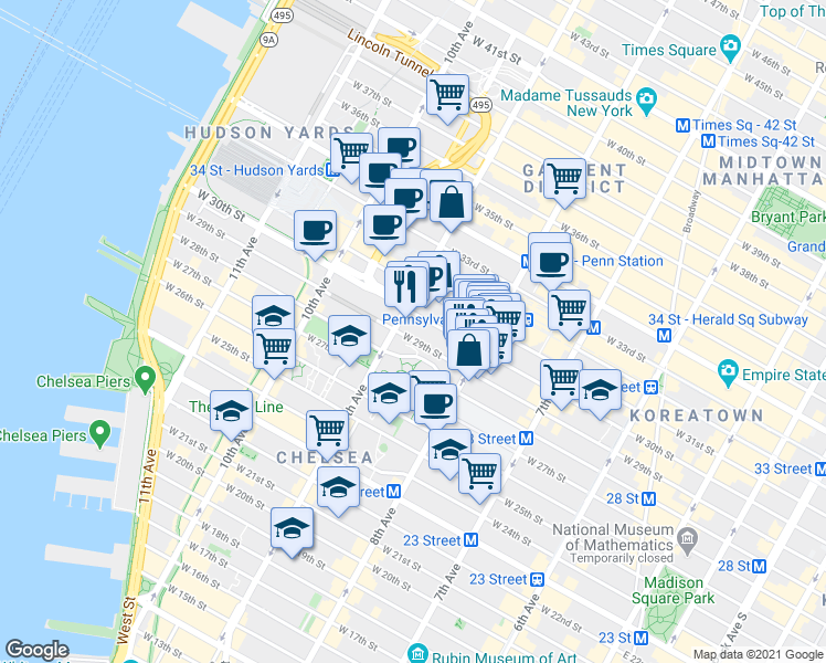 map of restaurants, bars, coffee shops, grocery stores, and more near 370 West 30th Street in New York