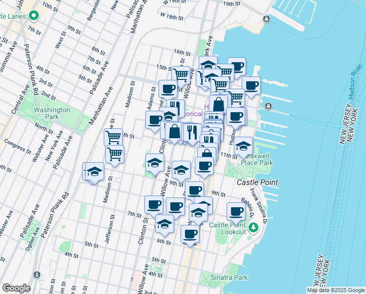 map of restaurants, bars, coffee shops, grocery stores, and more near 216 11th Street in Hoboken