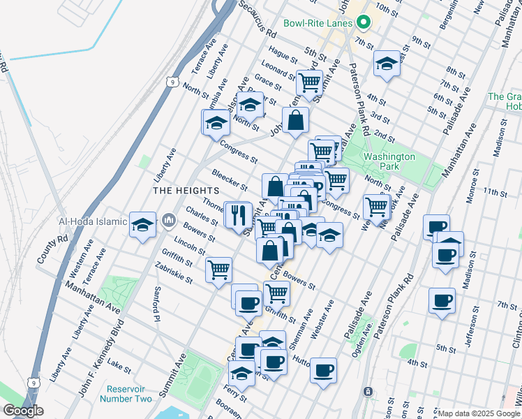 map of restaurants, bars, coffee shops, grocery stores, and more near 47 Bleecker Street in Jersey City