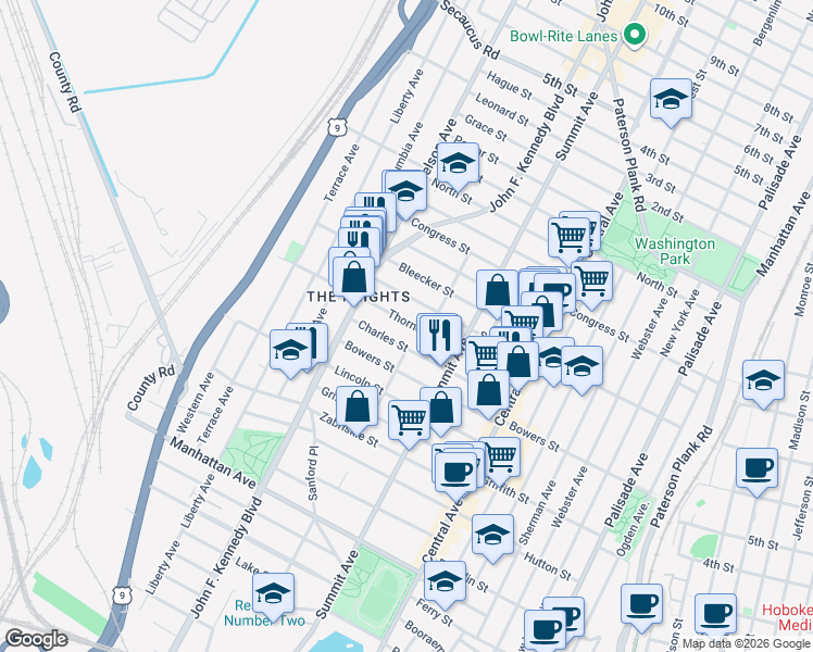 map of restaurants, bars, coffee shops, grocery stores, and more near 106 Thorne Street in Jersey City