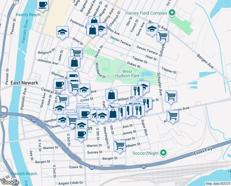 map of restaurants, bars, coffee shops, grocery stores, and more near 516 Cross Street in Harrison