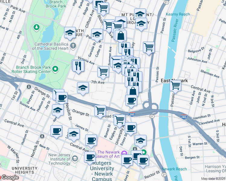 map of restaurants, bars, coffee shops, grocery stores, and more near 123 Doctor Martin Luther King Junior Boulevard in Newark