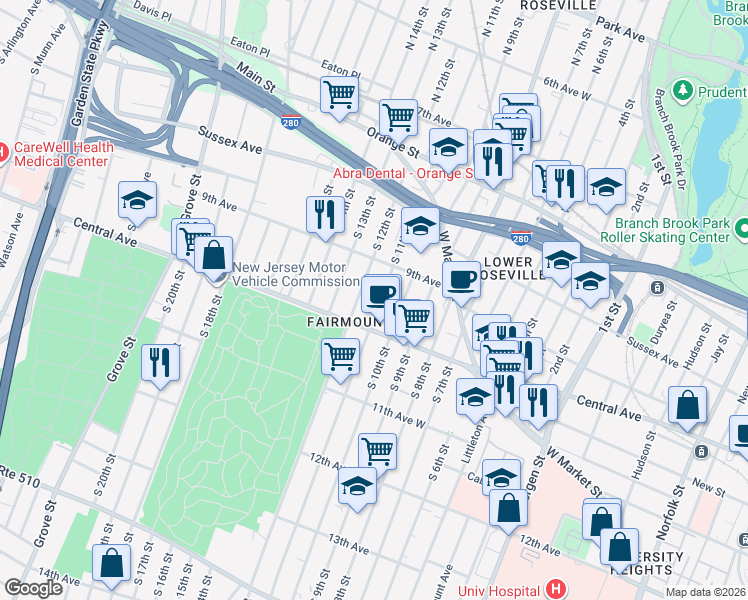map of restaurants, bars, coffee shops, grocery stores, and more near 114 South 12th Street in Newark