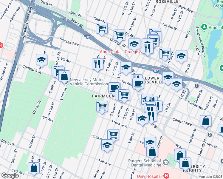 map of restaurants, bars, coffee shops, grocery stores, and more near 114 South 12th Street in Newark