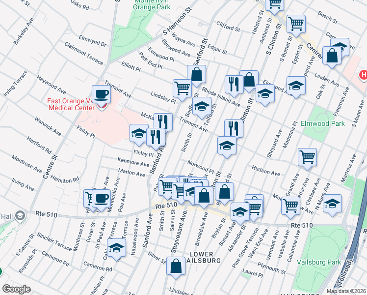 map of restaurants, bars, coffee shops, grocery stores, and more near 37 Smith Street in Newark