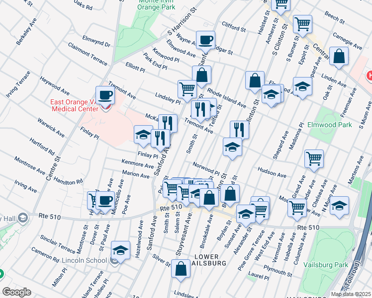map of restaurants, bars, coffee shops, grocery stores, and more near 37 Smith Street in Newark