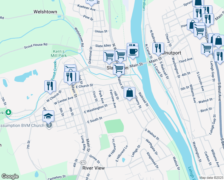map of restaurants, bars, coffee shops, grocery stores, and more near 366 East Church Street in Slatington