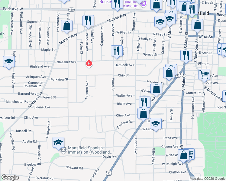 map of restaurants, bars, coffee shops, grocery stores, and more near in Mansfield