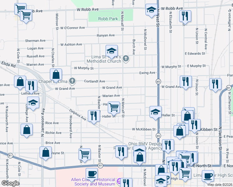 map of restaurants, bars, coffee shops, grocery stores, and more near 517 West Grand Avenue in Lima