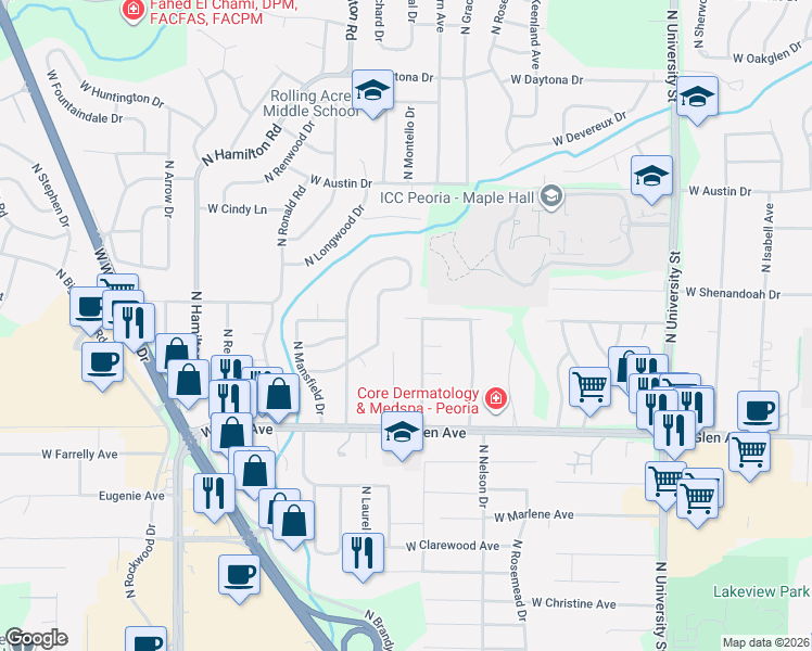map of restaurants, bars, coffee shops, grocery stores, and more near 1827-1899 West Sunnyview Drive in Peoria