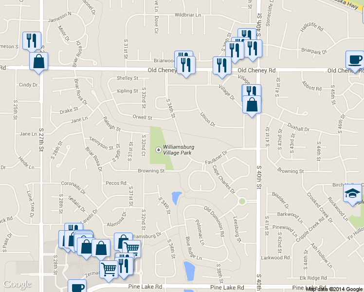 map of restaurants, bars, coffee shops, grocery stores, and more near 6105 South 34th Street in Lincoln