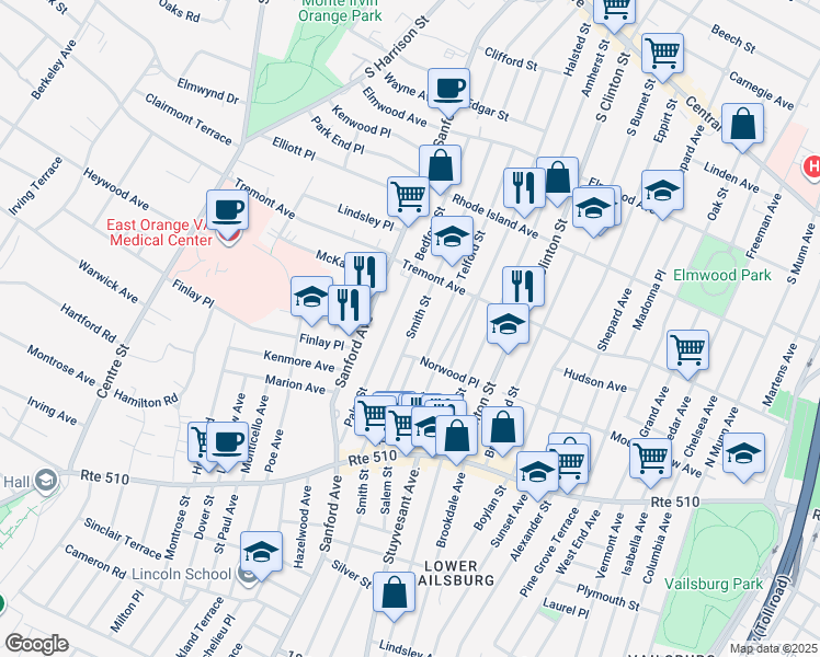 map of restaurants, bars, coffee shops, grocery stores, and more near 37 Smith Street in Newark