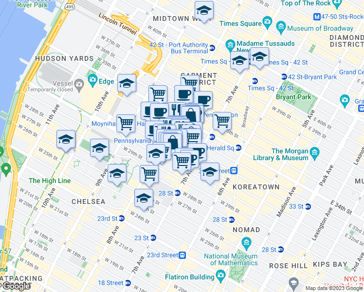 map of restaurants, bars, coffee shops, grocery stores, and more near in New York